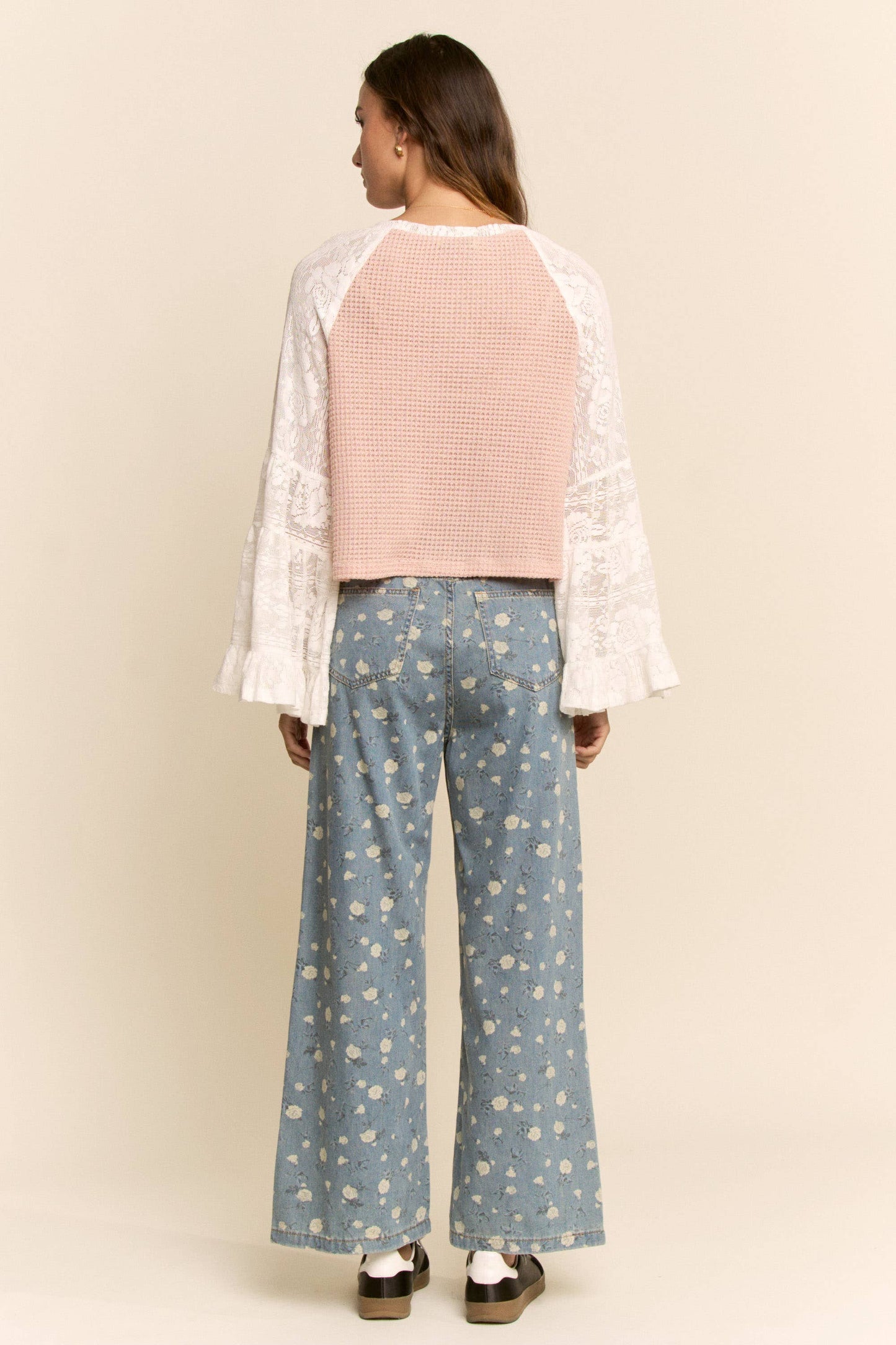 PLUS SOFT WAFFLE KNIT LACE BOW PATCHWORK TOP