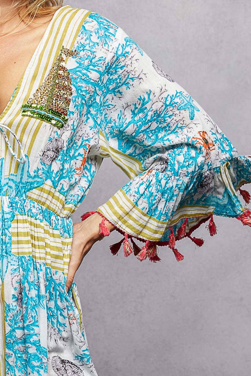 Beach Pattern V-neck Ruffle Sleeves Tassel Maxi Dress
