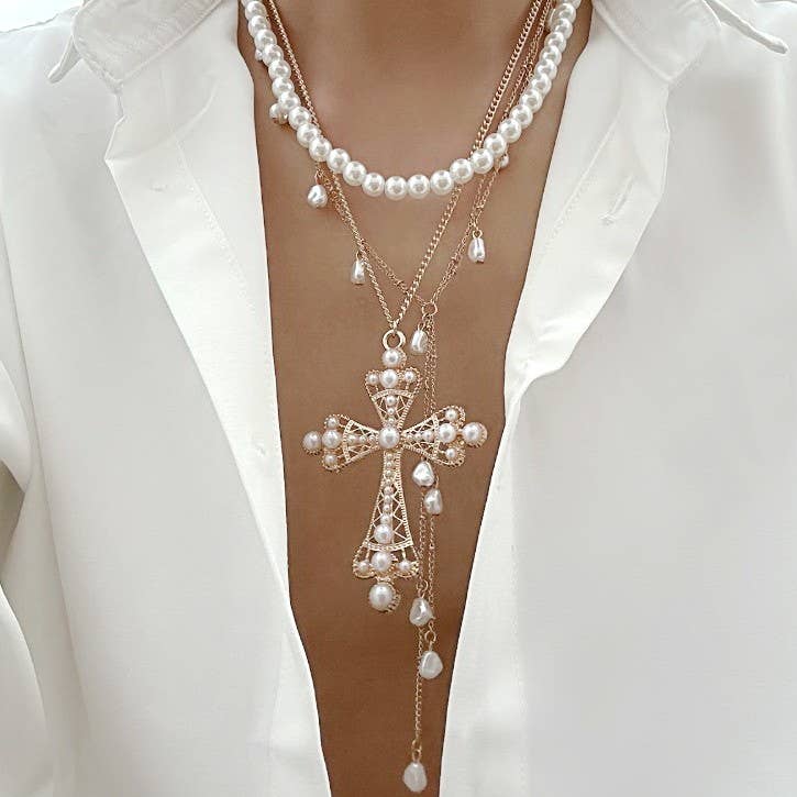 MULTI LAYER MIX PEARL CROSS Y CHARM NECKLACE | 80N92464