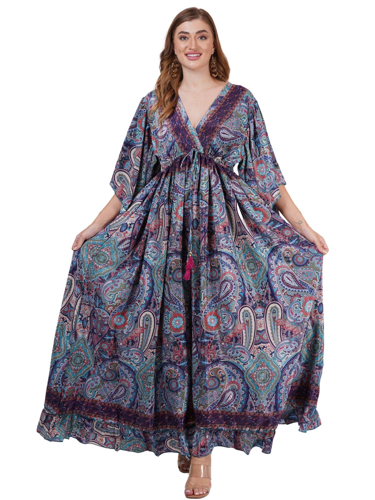 Women's Casual 3/4 Sleeves V-Neck Floral Maxi Tie up Dress