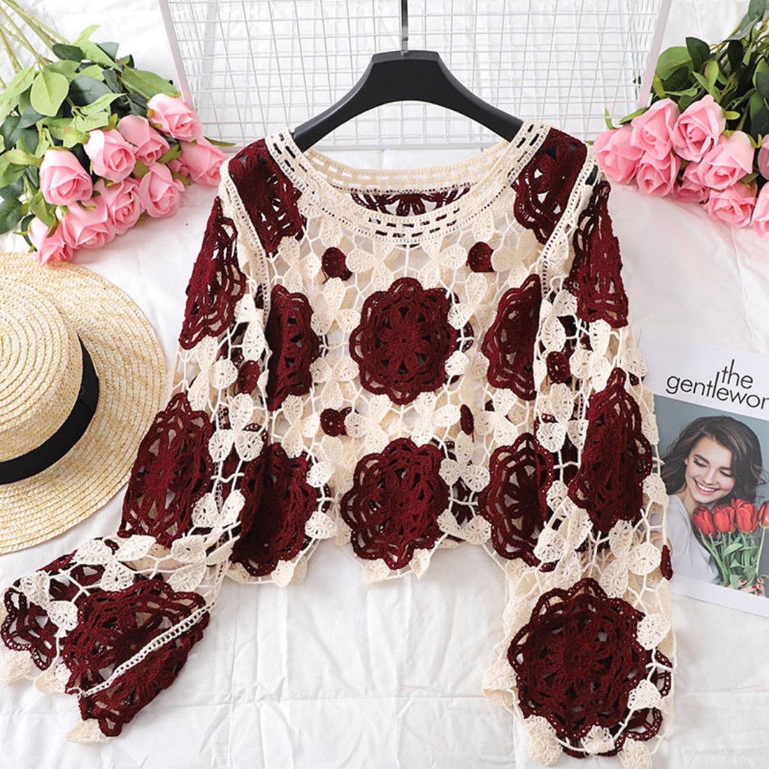 Crosa - Color Block Hollow Knit Long Sleeve Top