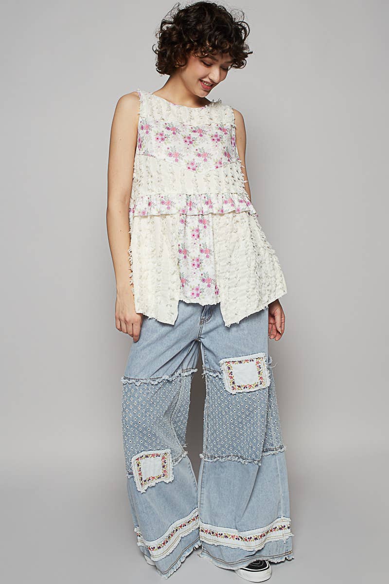 Round neck sleeveless textured woven floral top