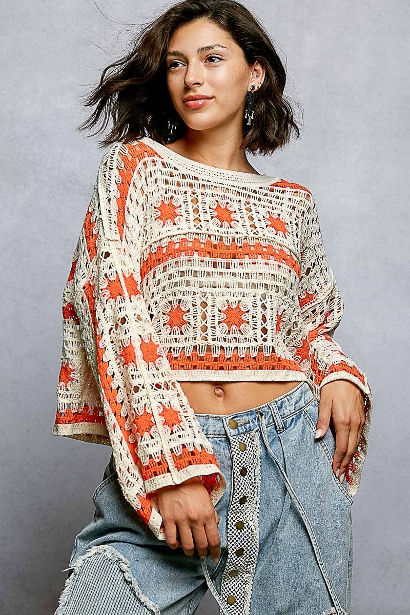 Boat Neck Granny Square Long Sleeves Crochet Top