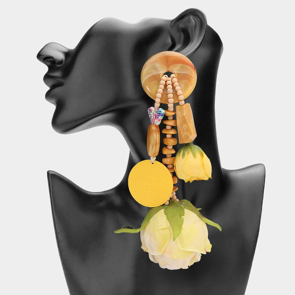Bold Boho Beaded Tassel Floral Drop Statement Earrings