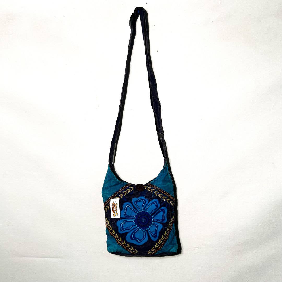 Cotton Stonewash Floral Stitch Adjustable Strap Shoulder Bag