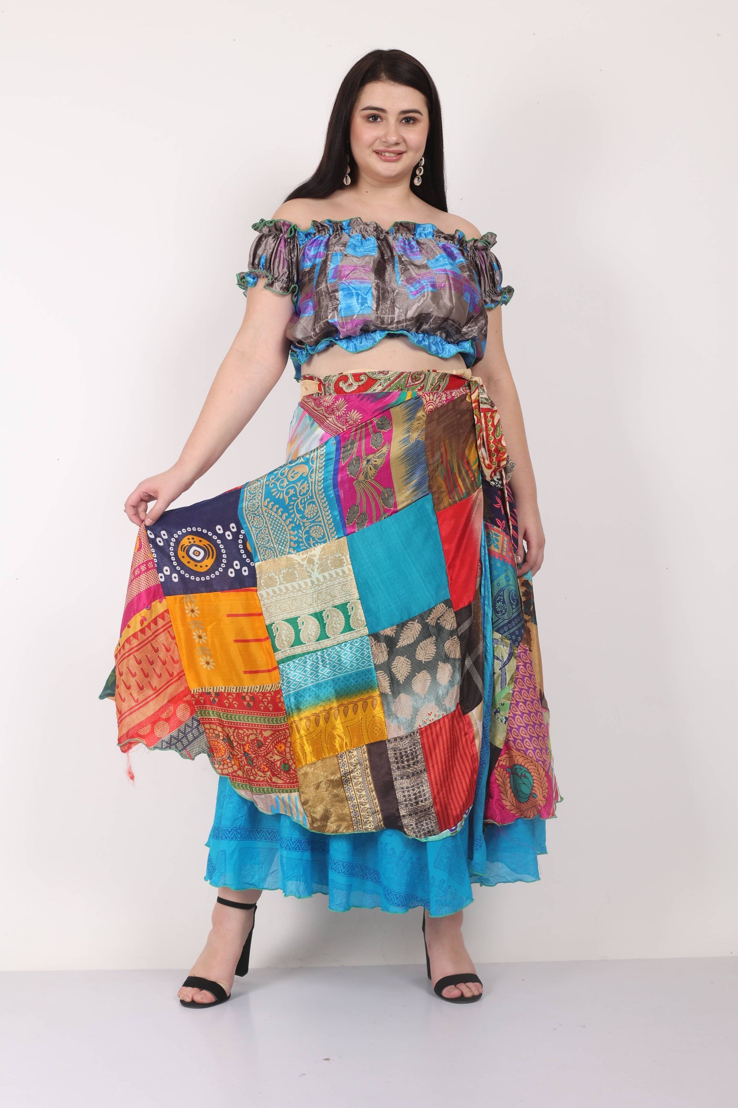 Women's Multi Patchwork Long Sari Wrap Beach Skirt Mix Lot