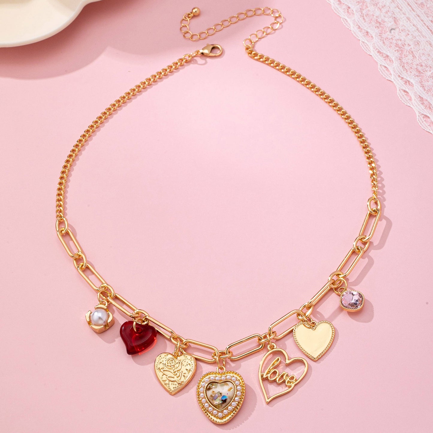 CHARM NECKLACE-PORCELAIN HEART RHINESTONE PEARL | 80N92696