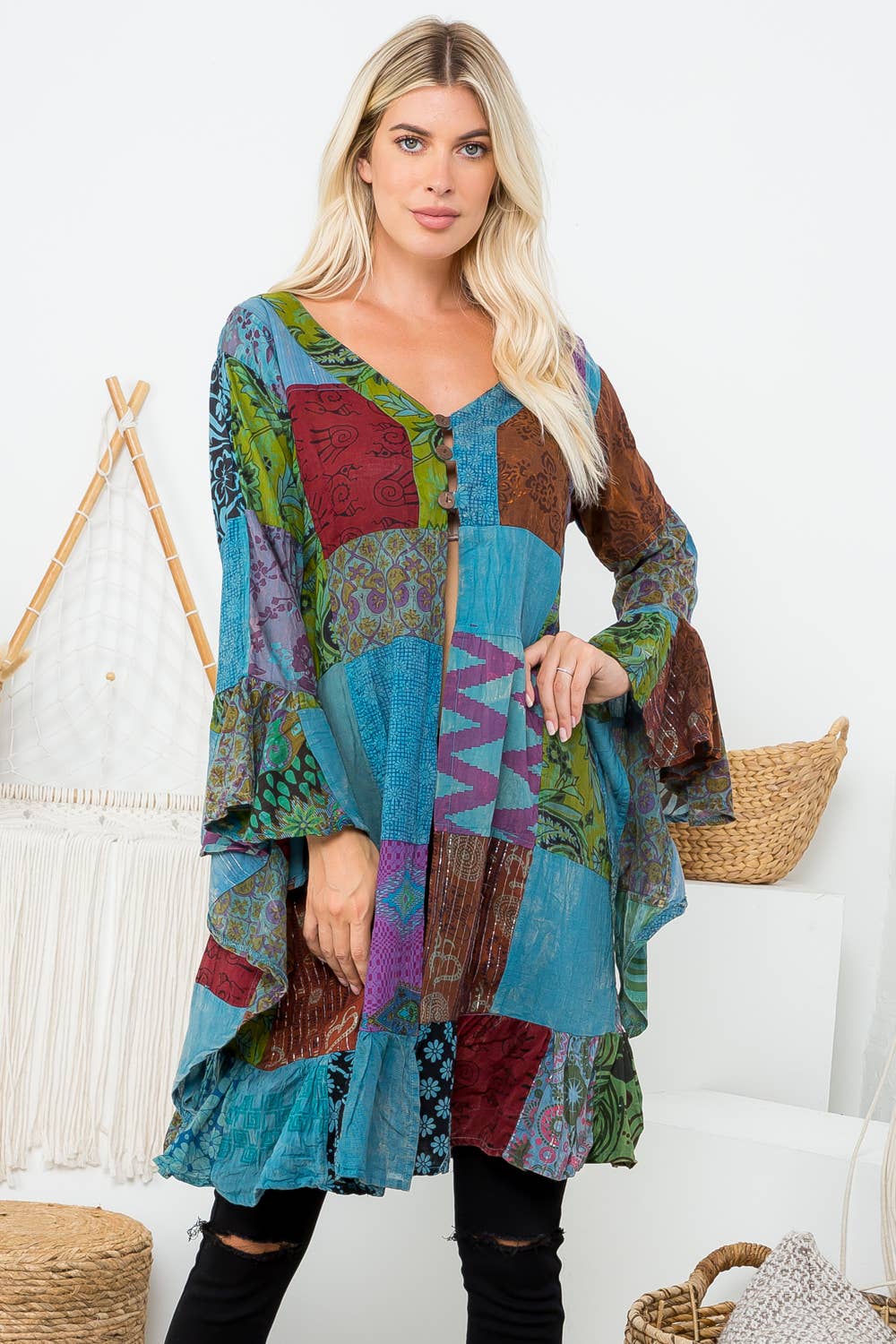 Womens Clothing - Patchwork Ruffle Kimono (KT-1354)