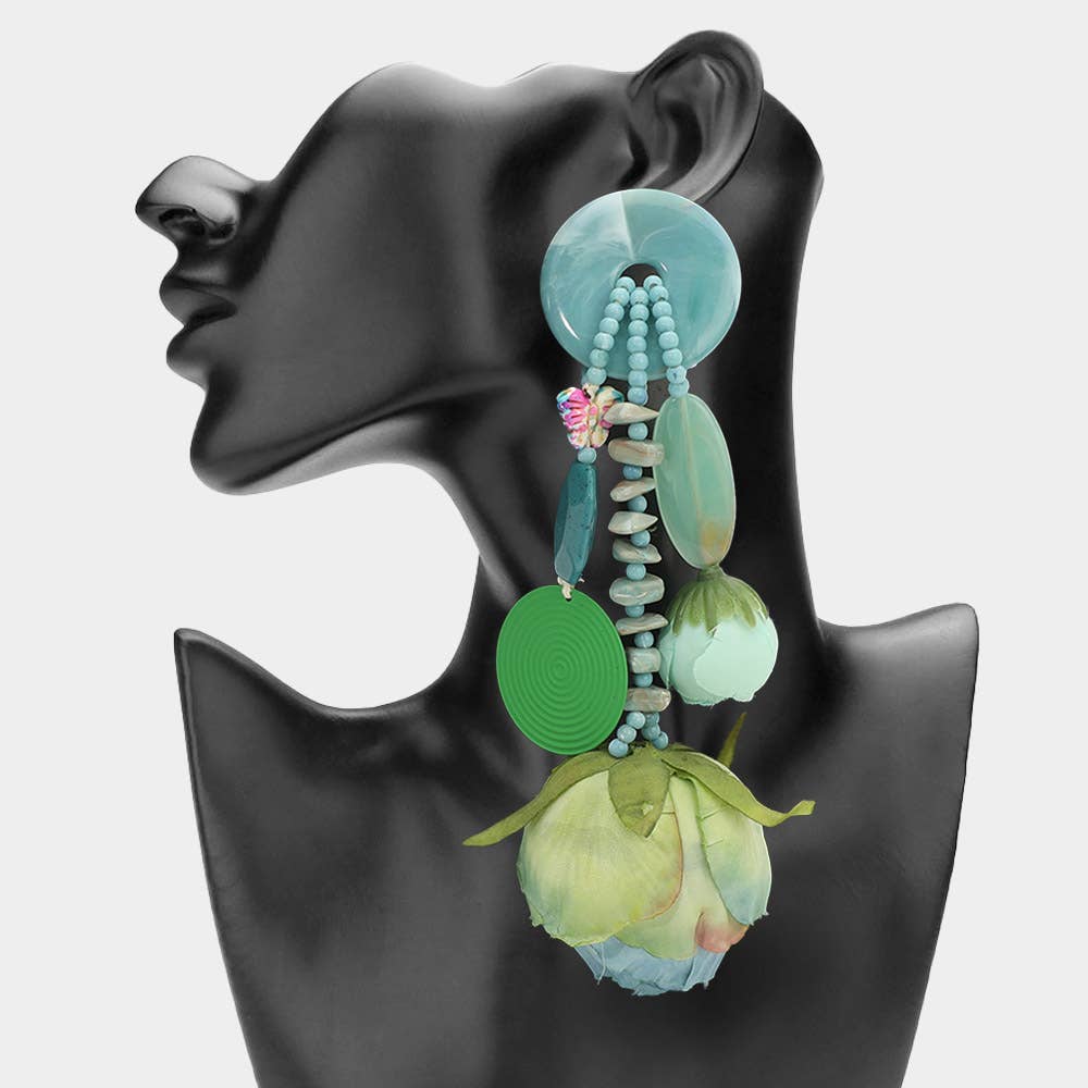 Bold Boho Beaded Tassel Floral Drop Statement Earrings