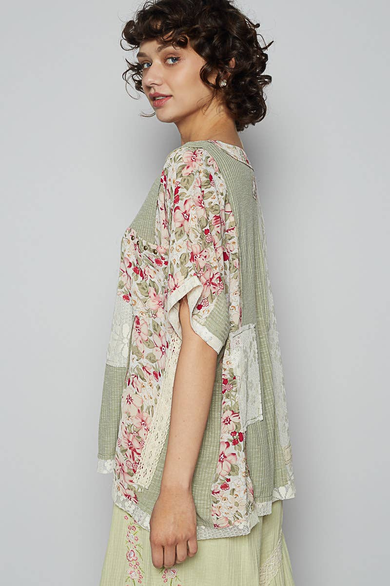 Round Neck Short Sleeve Floral Knit Rib Top SALE