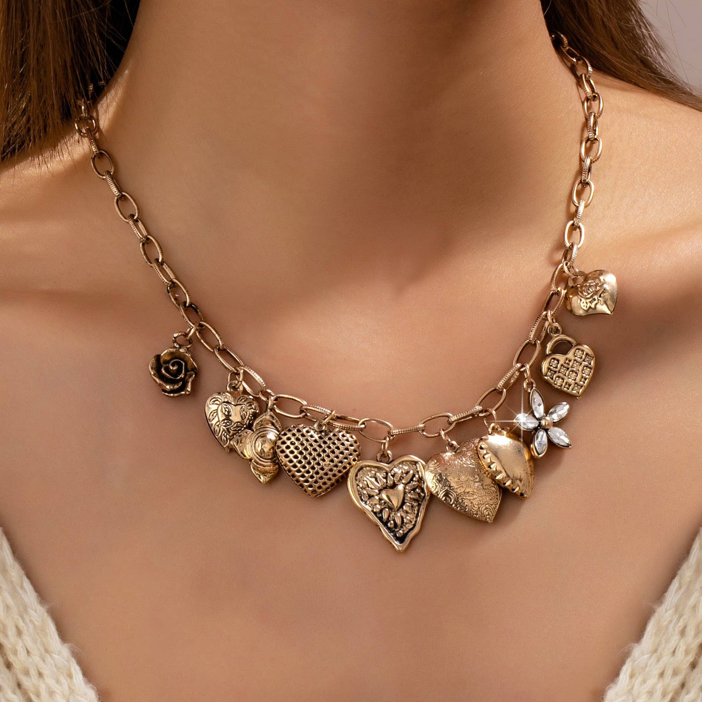 Vintage Gold-Tone Heart Charm Cluster Necklace | 80N92793