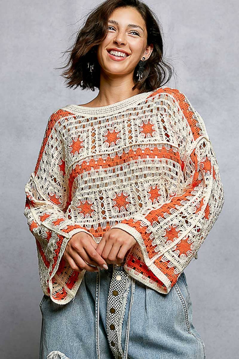 Boat Neck Granny Square Long Sleeves Crochet Top