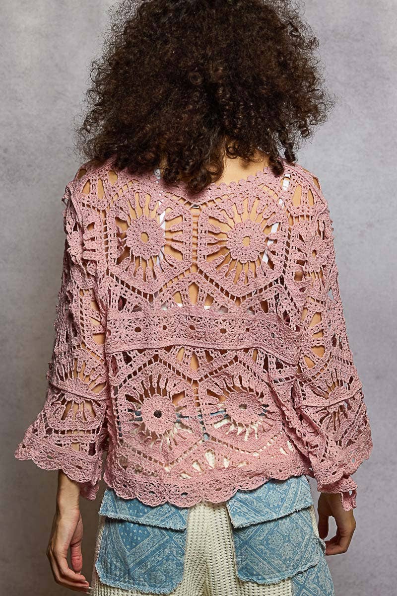 Round Neck 3/4 Sleeve Crochet Cropped Top