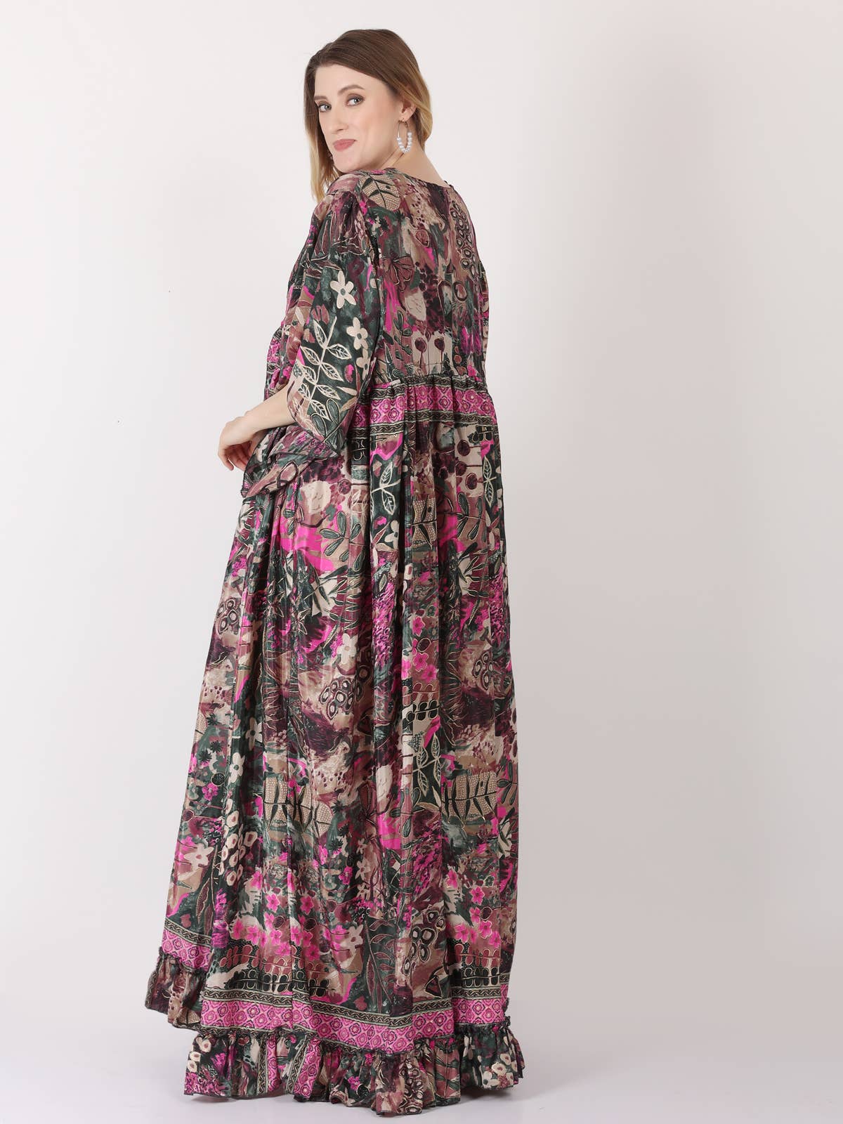 Women's Casual 3/4 Sleeves V-Neck Floral Maxi Tie up Dress