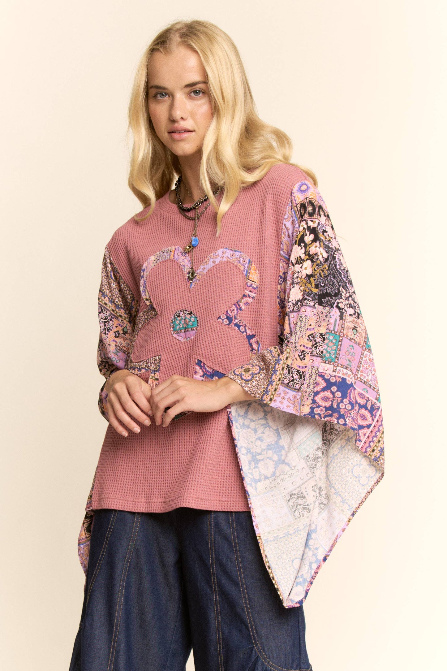 BOHO PATCHWORK KNIT TOP WITH FLOWER