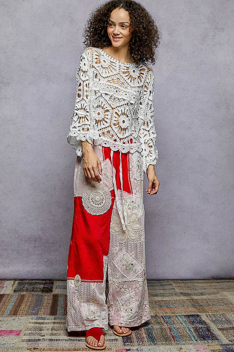 Round Neck 3/4 Sleeve Crochet Cropped Top