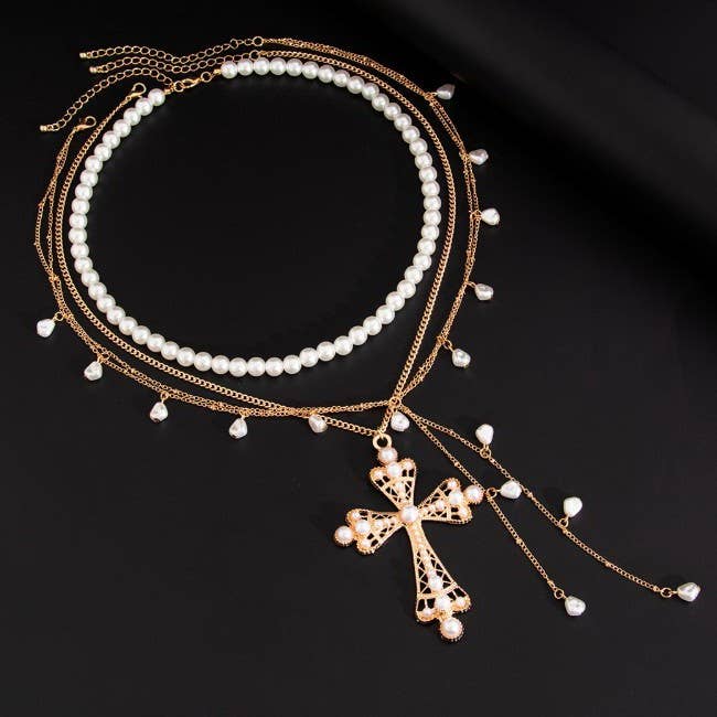 MULTI LAYER MIX PEARL CROSS Y CHARM NECKLACE | 80N92464