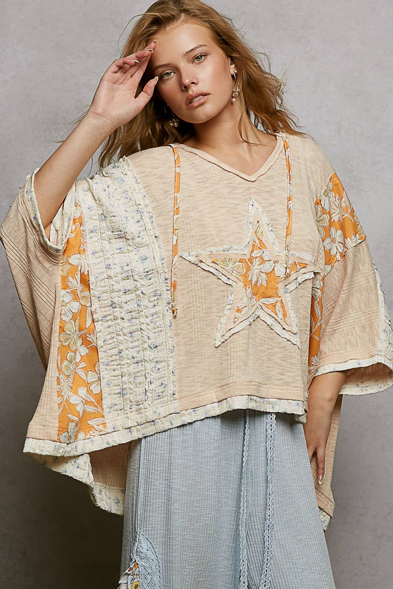 Long Sleeve Lace Contrast Floral Star Patch Knit Top SALE