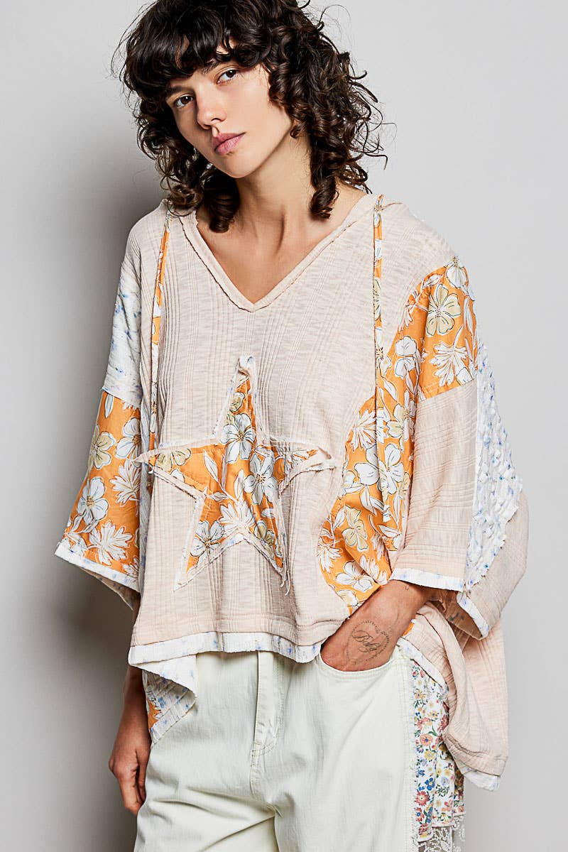 Long Sleeve Lace Contrast Floral Star Patch Knit Top SALE