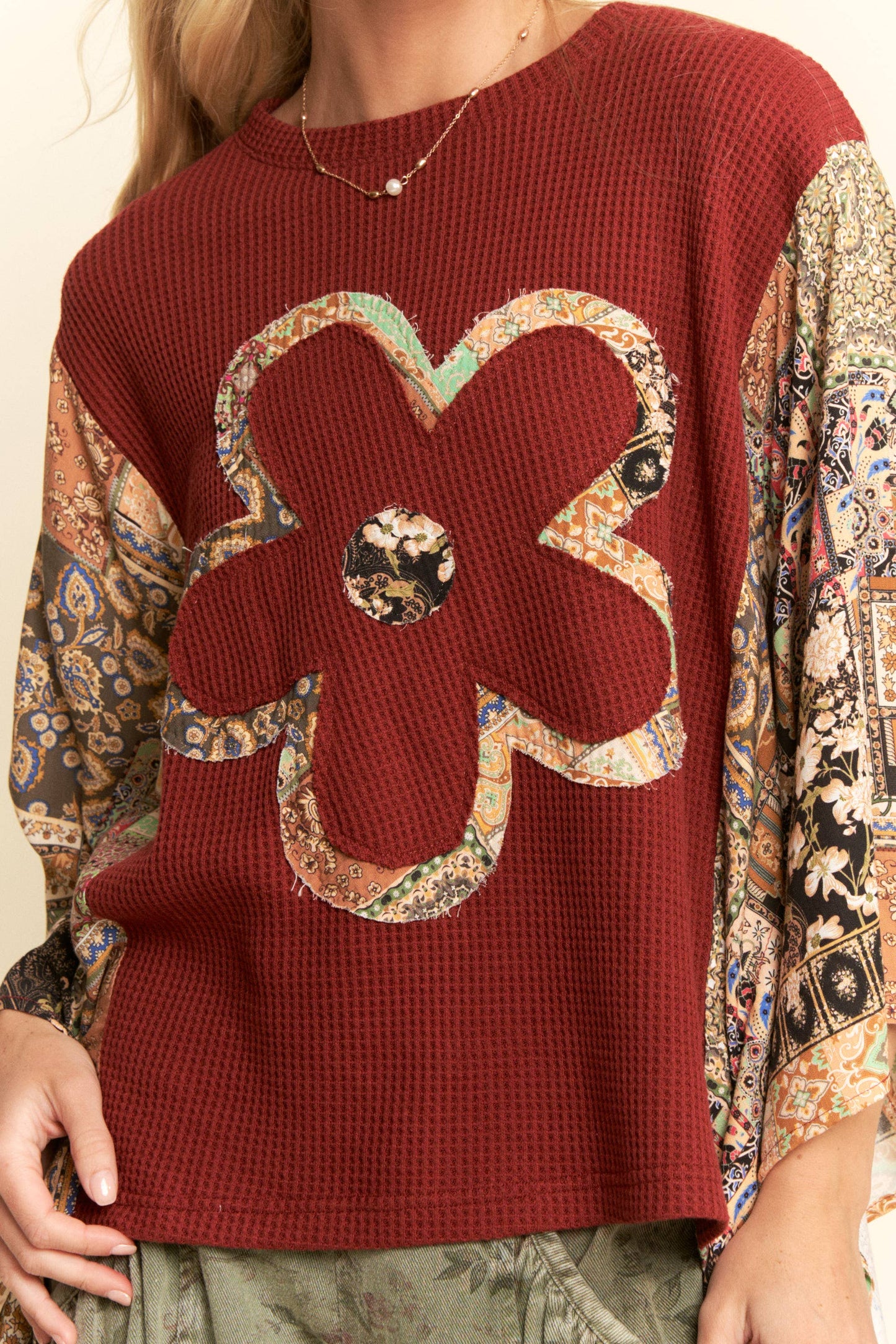 BOHO PATCHWORK KNIT TOP WITH FLOWER