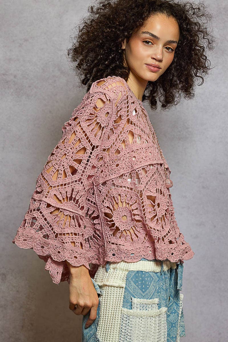 Round Neck 3/4 Sleeve Crochet Cropped Top