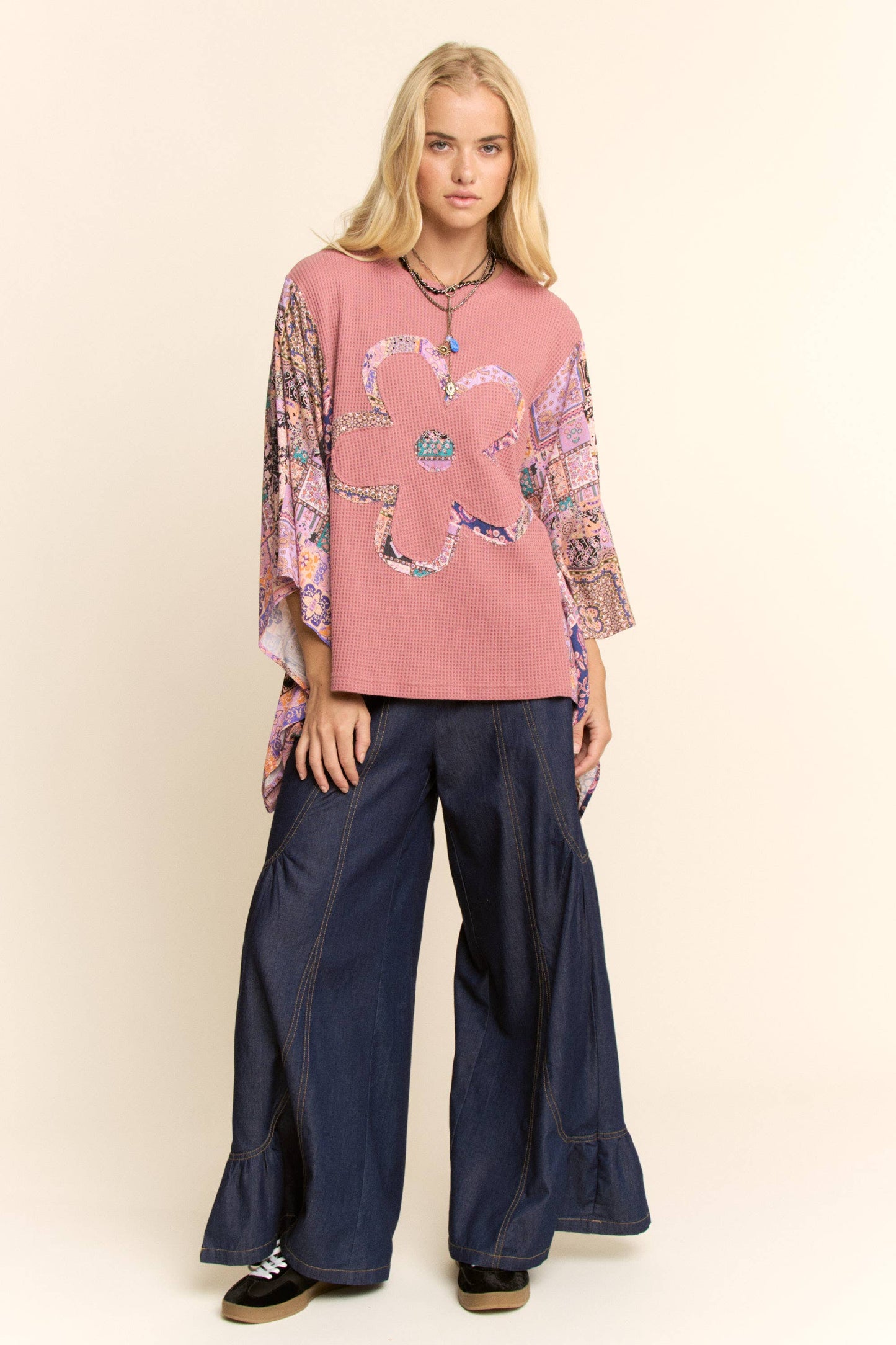 BOHO PATCHWORK KNIT TOP WITH FLOWER