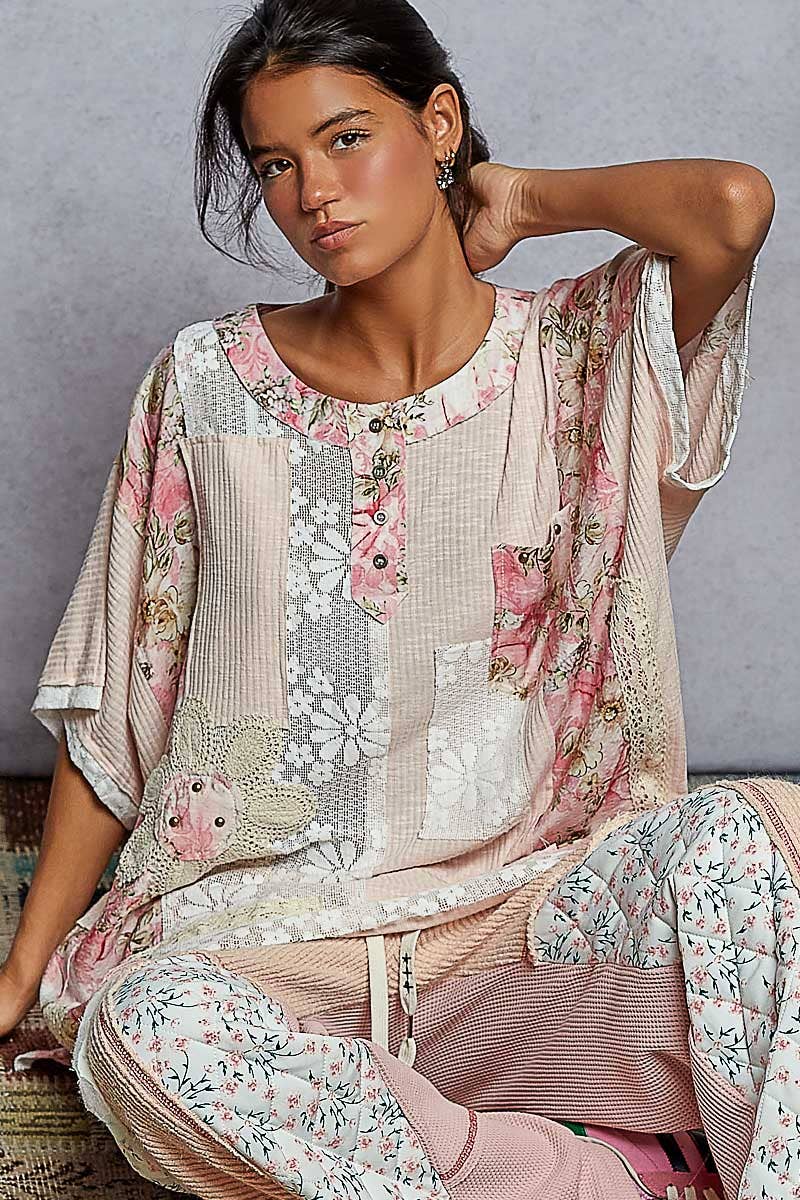 Round Neck Short Sleeve Floral Knit Rib Top SALE