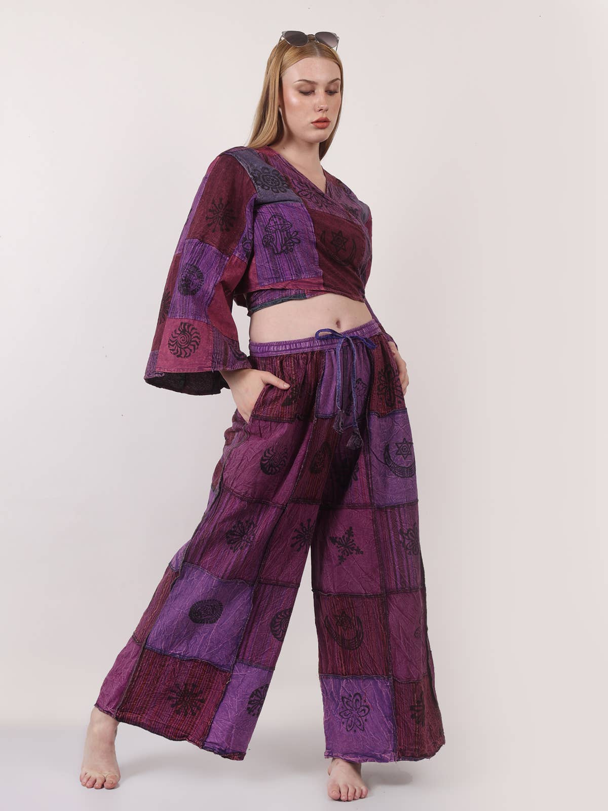 Women's Two Piece Deep V Neck Wrap Top & Wide Leg Pant Set