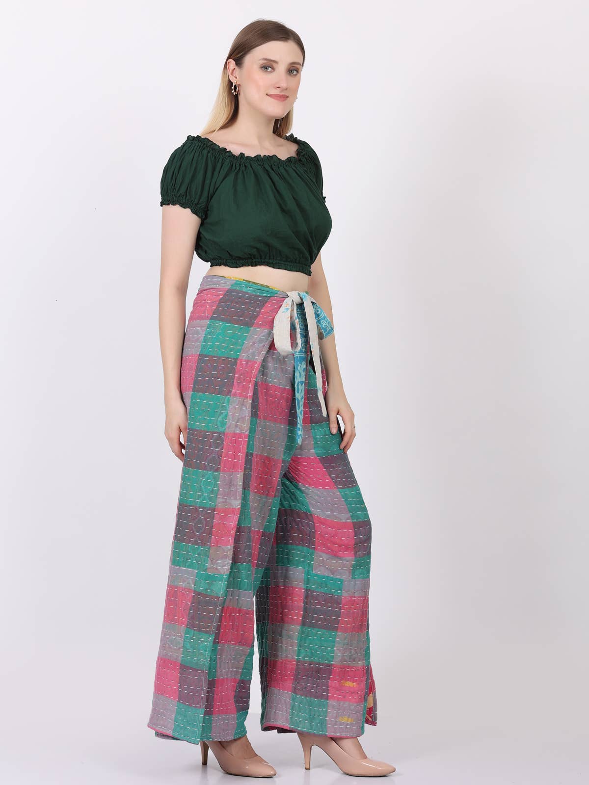 Women Wide Leg Kantha Fabric Tie Knot Thai Wrap Pant Mix Lot