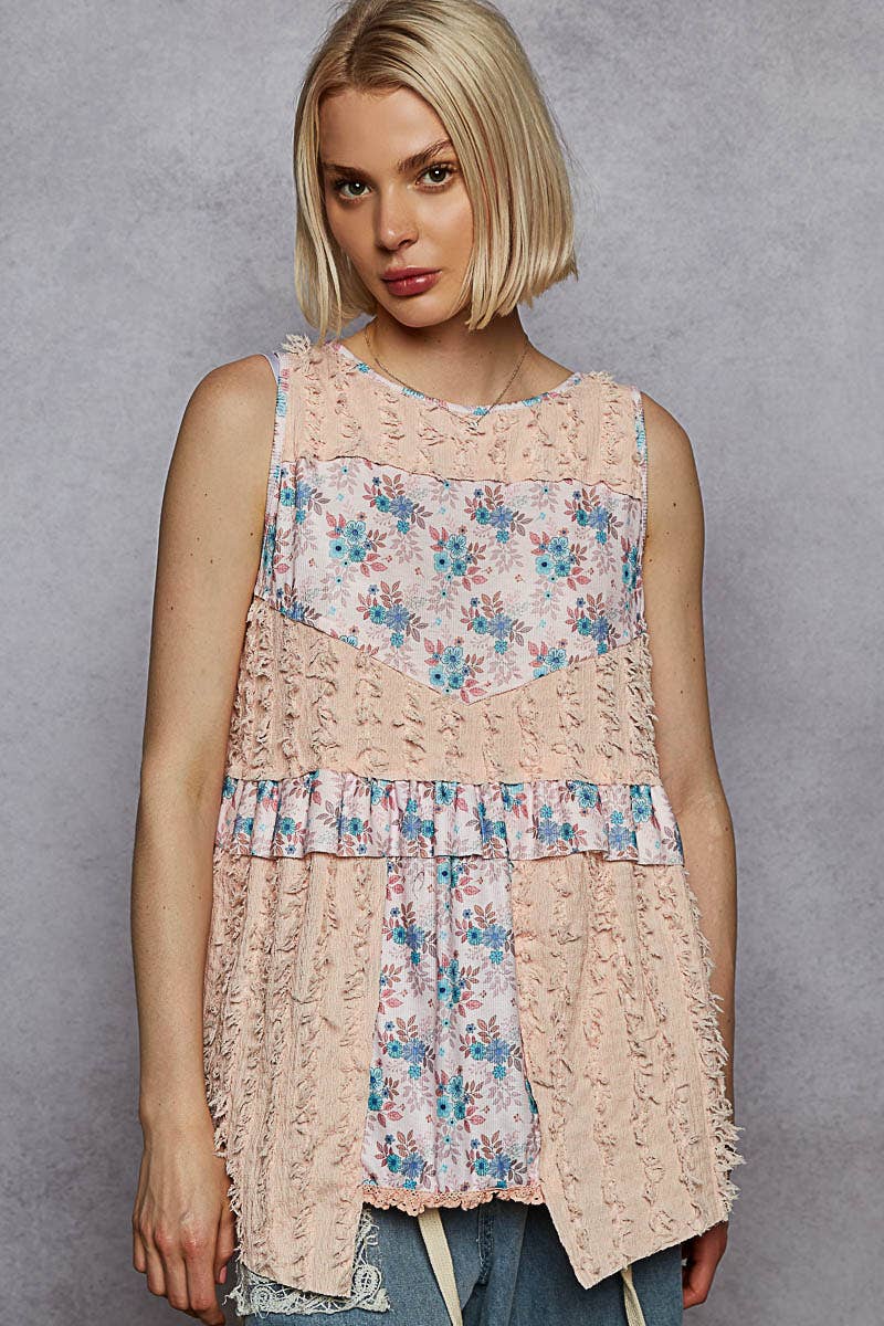 Round neck sleeveless textured woven floral top