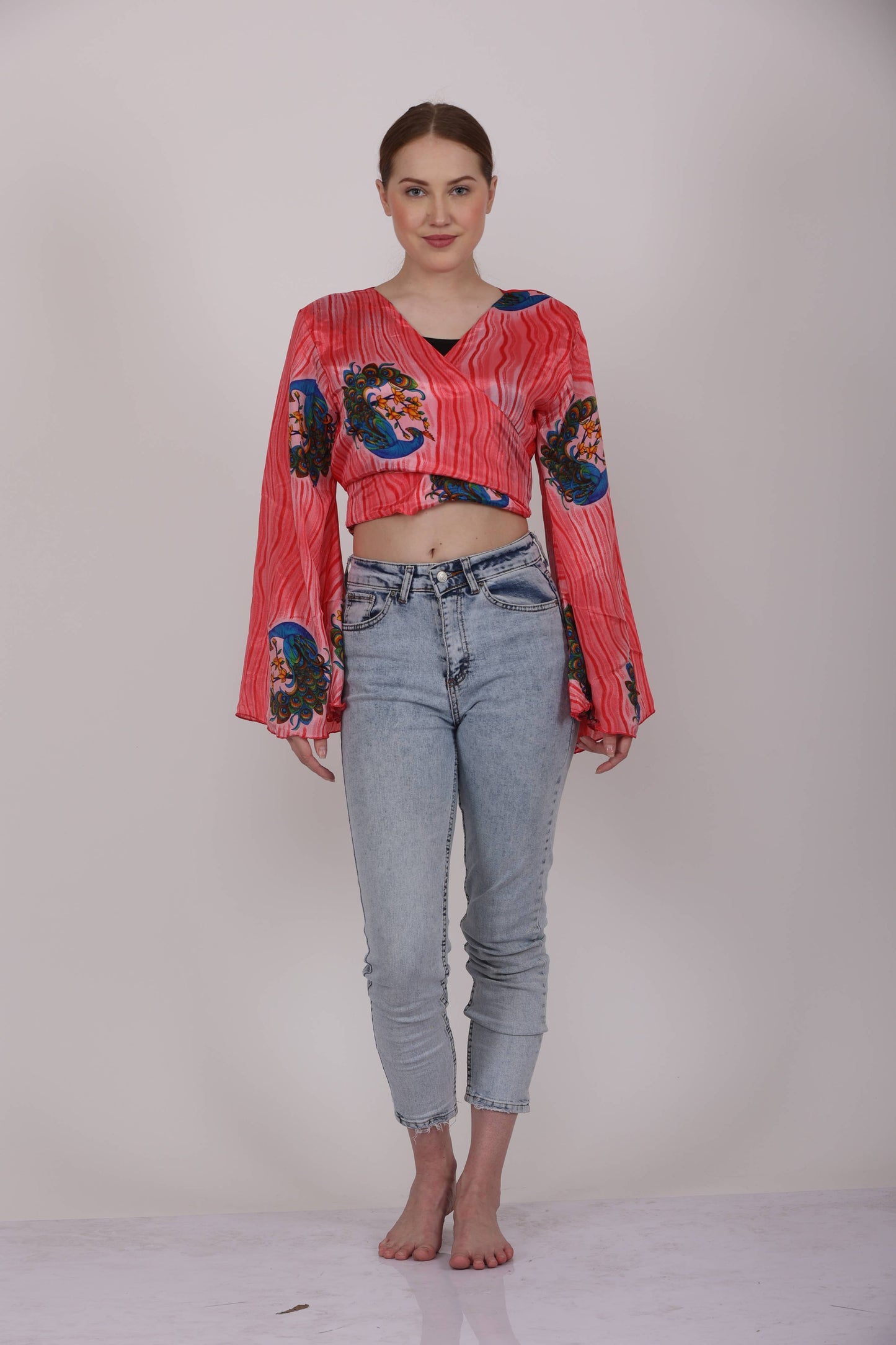 Women's Hippie V Neck Long Bell Sleeve Tie knot Floral Tops
