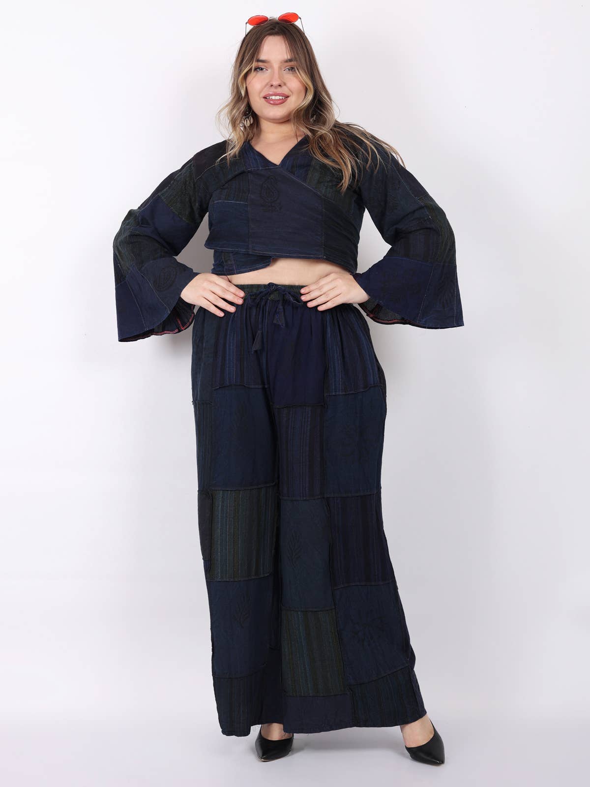 Women's Two Piece Deep V Neck Wrap Top & Wide Leg Pant Set