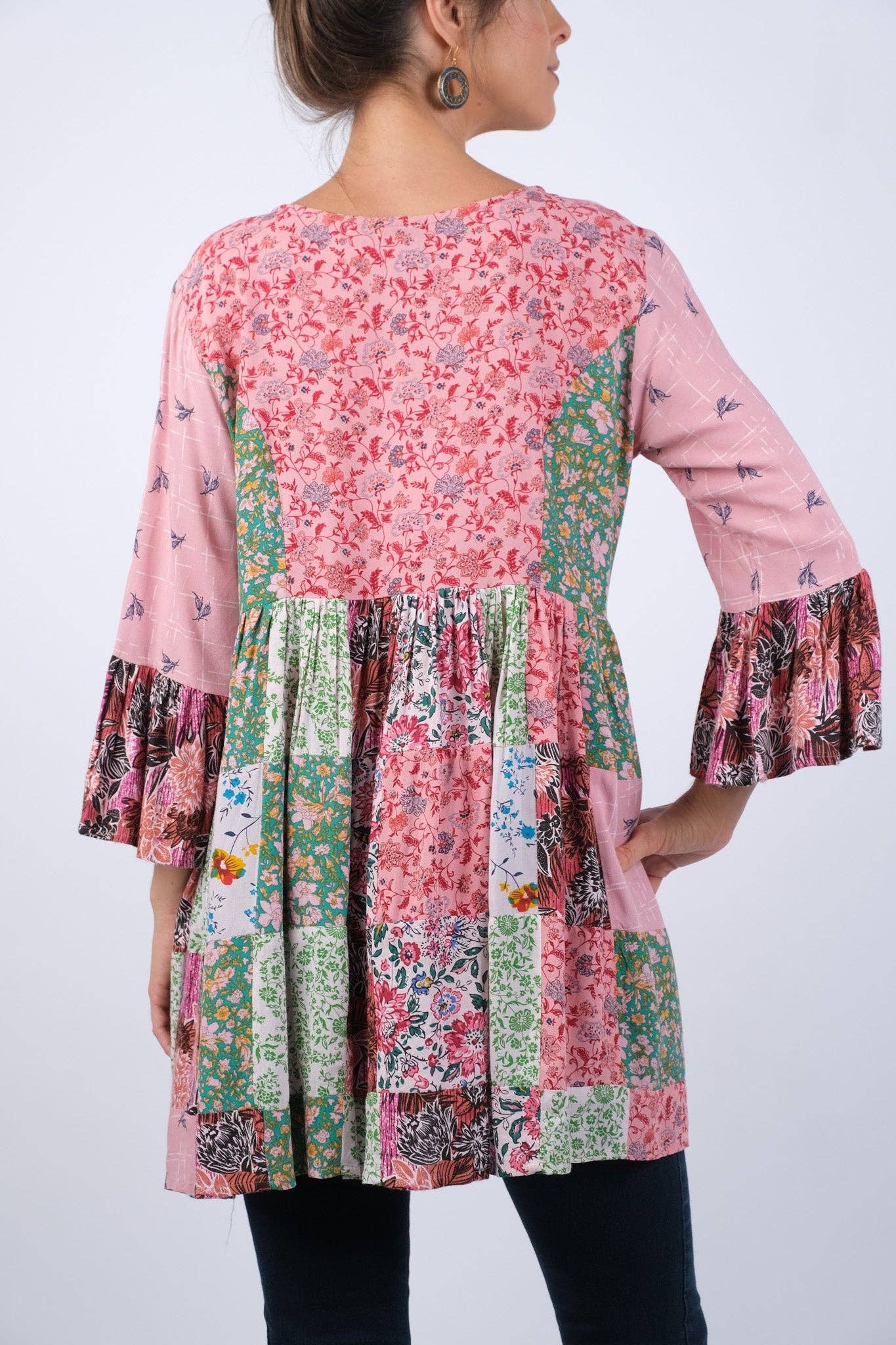 Petal Harmony Boho Tunic with Ruffled Sleeves