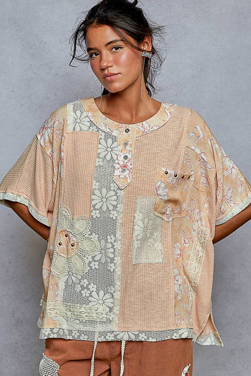 Round Neck Short Sleeve Floral Knit Rib Top SALE