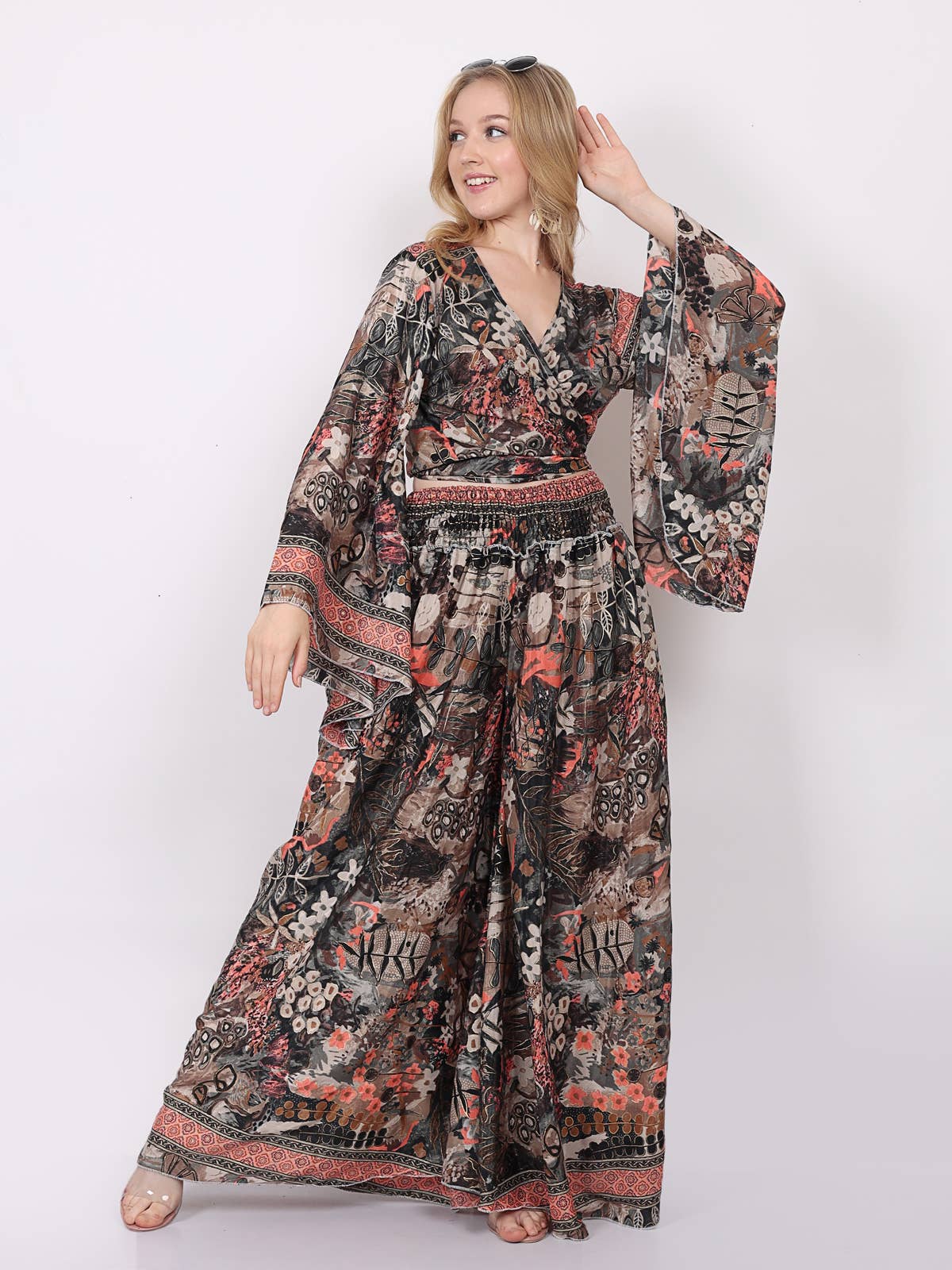 Women's Floral Cross Body Top & Wide leg Pant Two Piece Set
