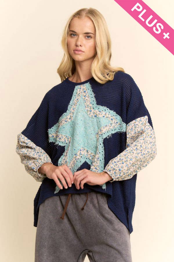 PLUS MULTI STAR PATCHWORK DITSY SLEEVE KNIT TOP