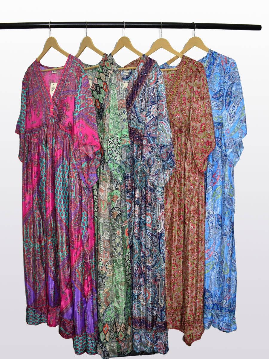 Women's Casual 3/4 Sleeves V-Neck Floral Maxi Tie up Dress