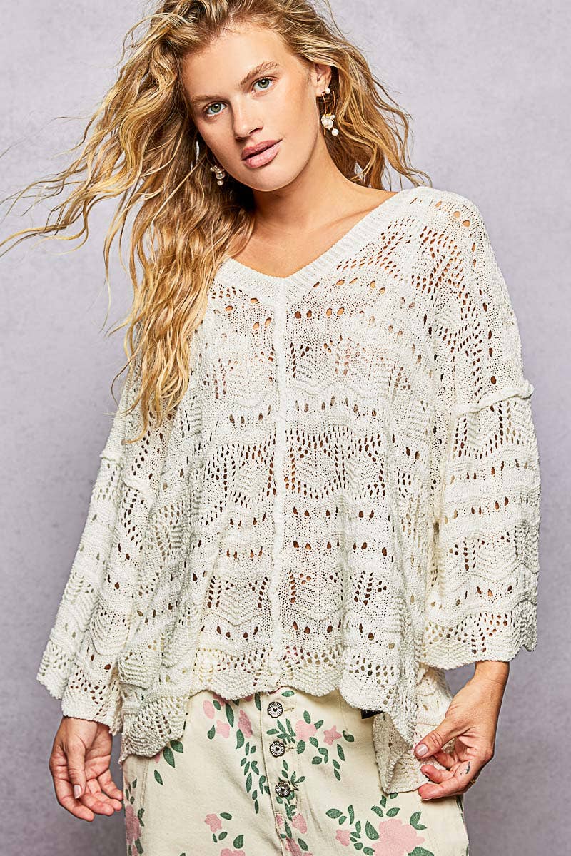 Open Knit V-Neck Oversized Short Sleeve Sweater Top SALE