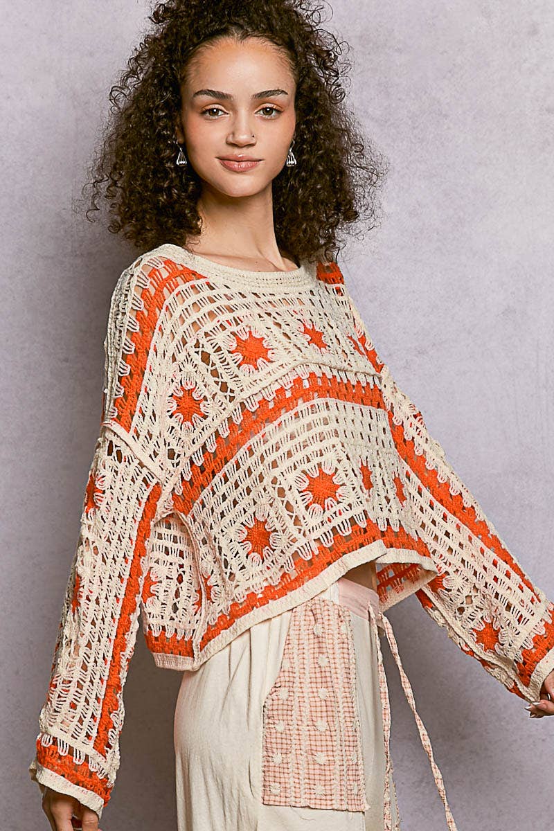 Boat Neck Granny Square Long Sleeves Crochet Top