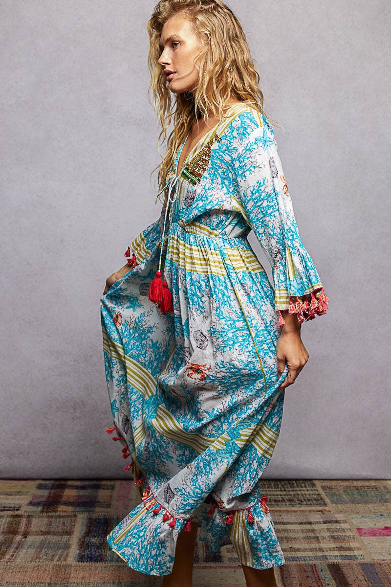 Beach Pattern V-neck Ruffle Sleeves Tassel Maxi Dress