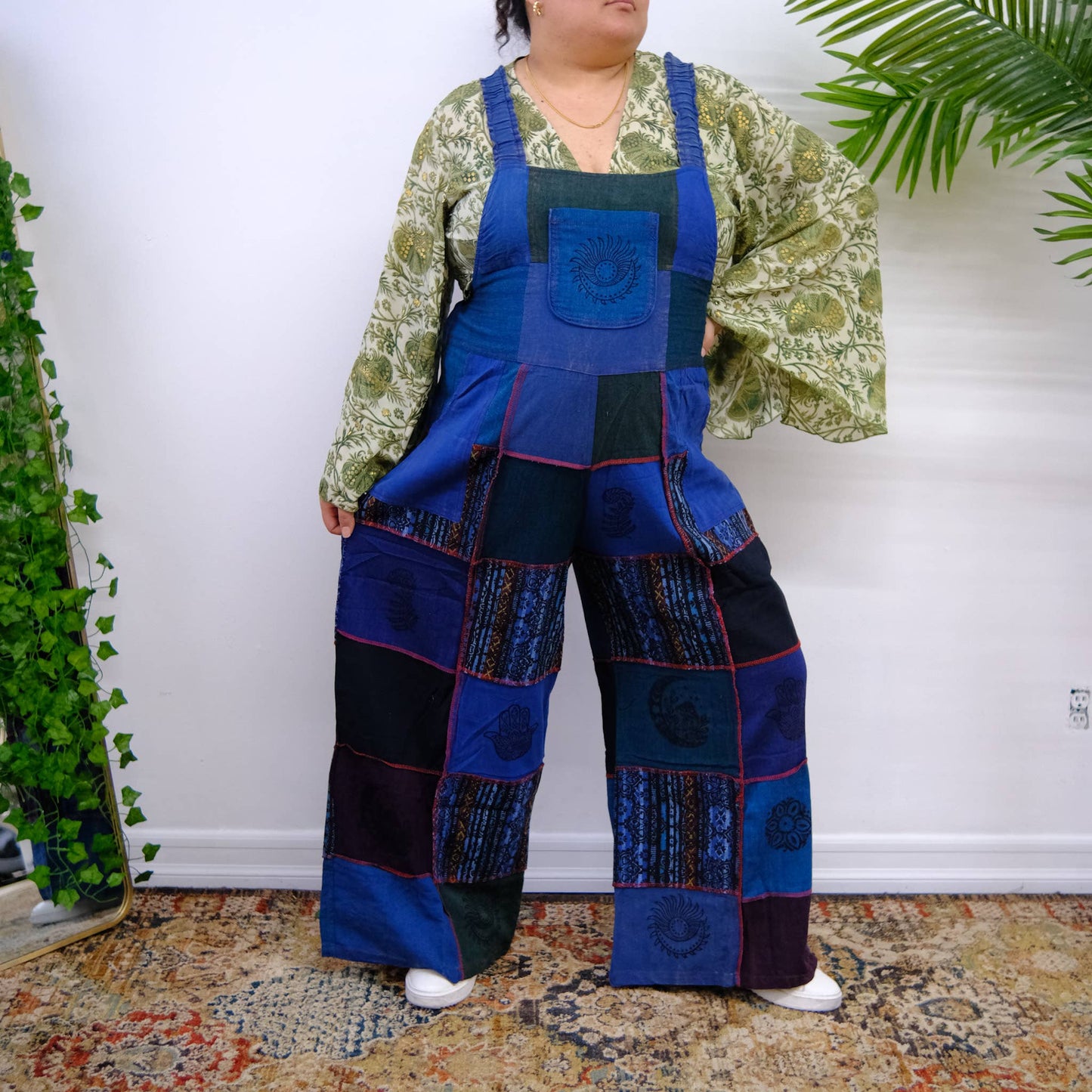 Bohemian Patchwork Wide Leg Jumpsuit with Pocket