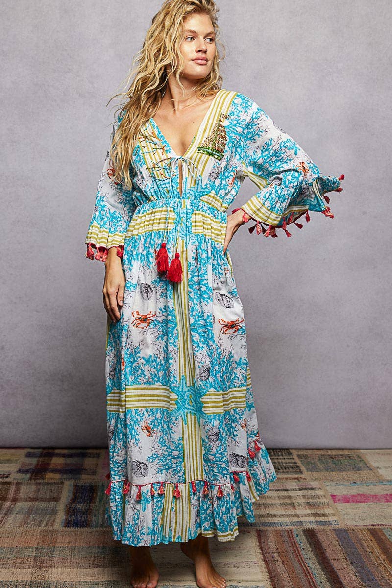 Beach Pattern V-neck Ruffle Sleeves Tassel Maxi Dress