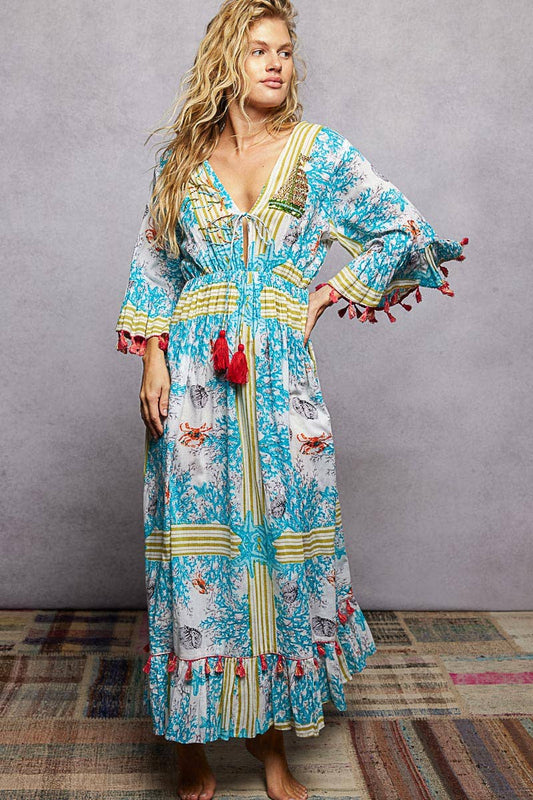 Beach Pattern V-neck Ruffle Sleeves Tassel Maxi Dress