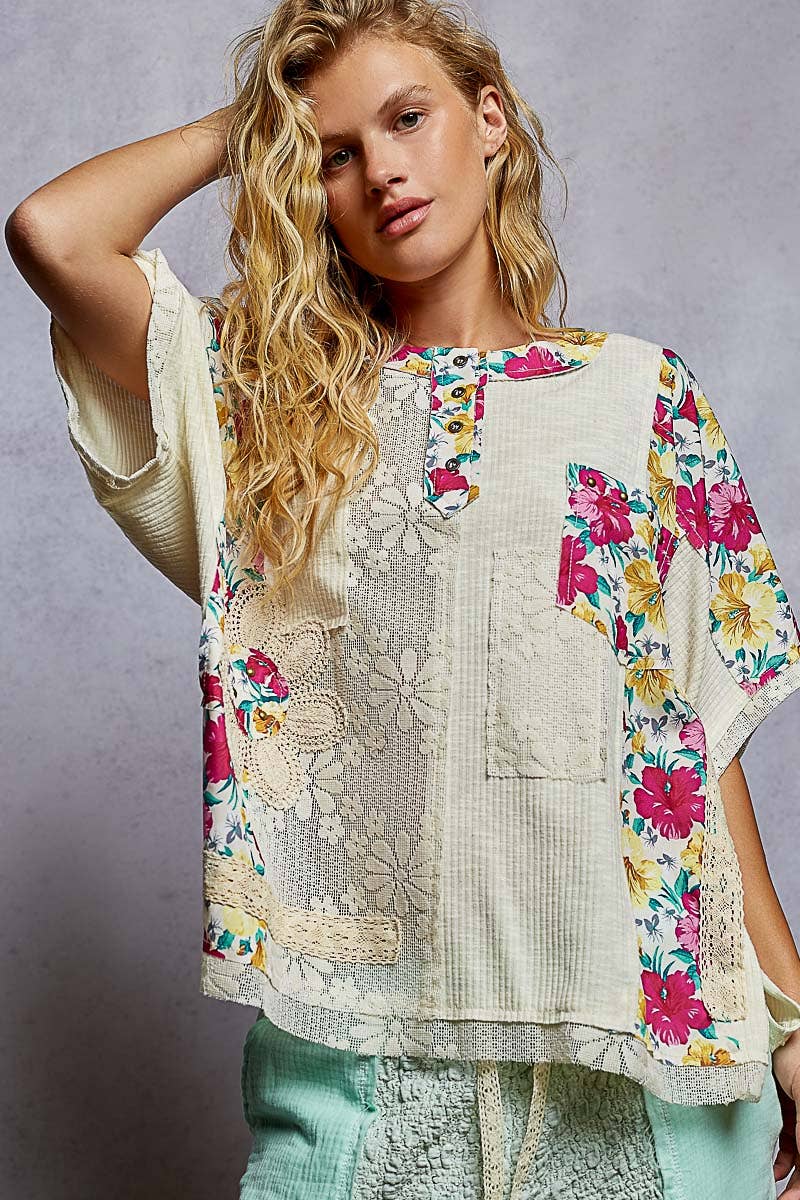 Round Neck Short Sleeve Floral Knit Rib Top SALE
