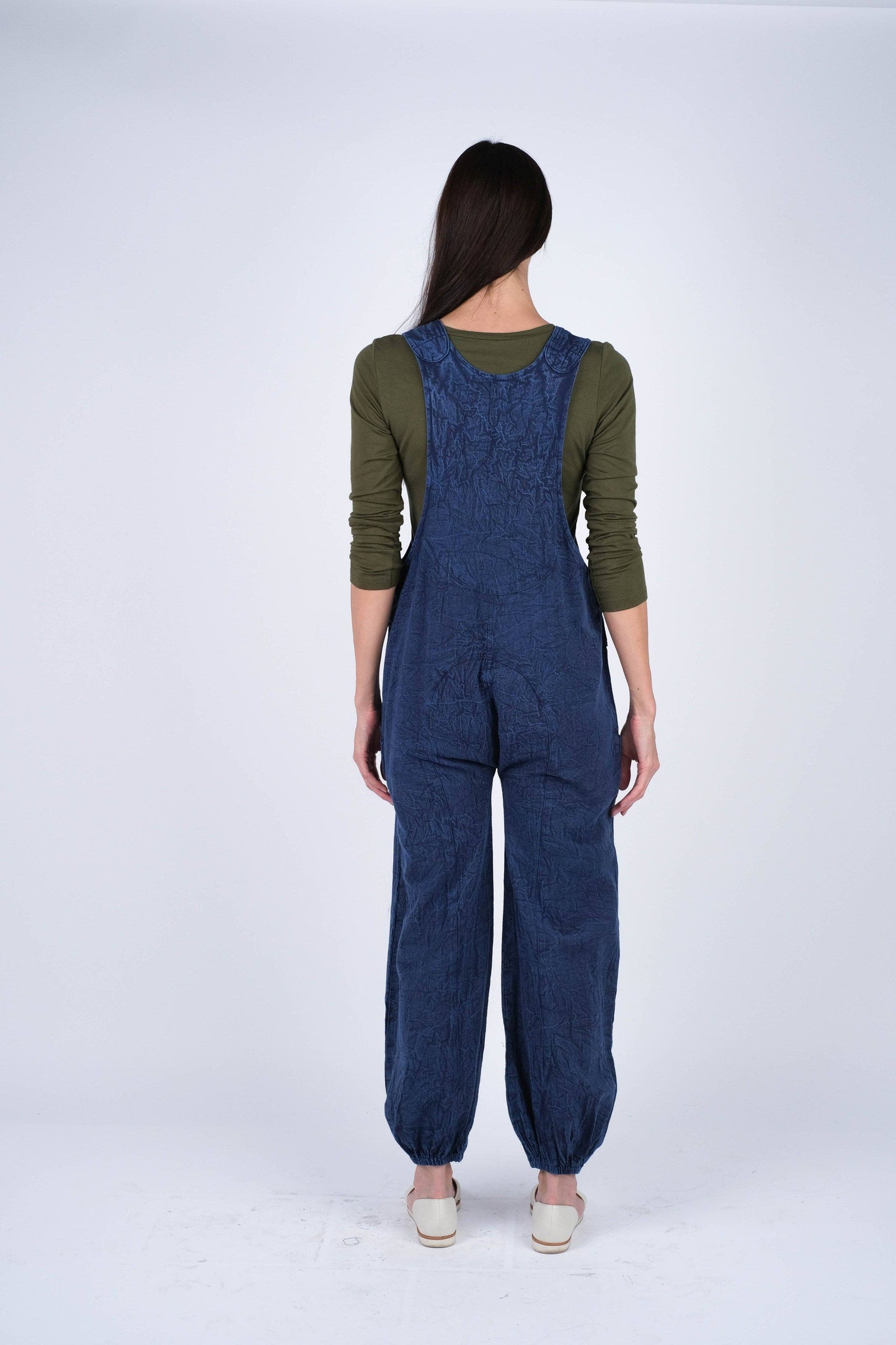 Textured Stone-Washed Cotton Overalls Cuffed Bottoms