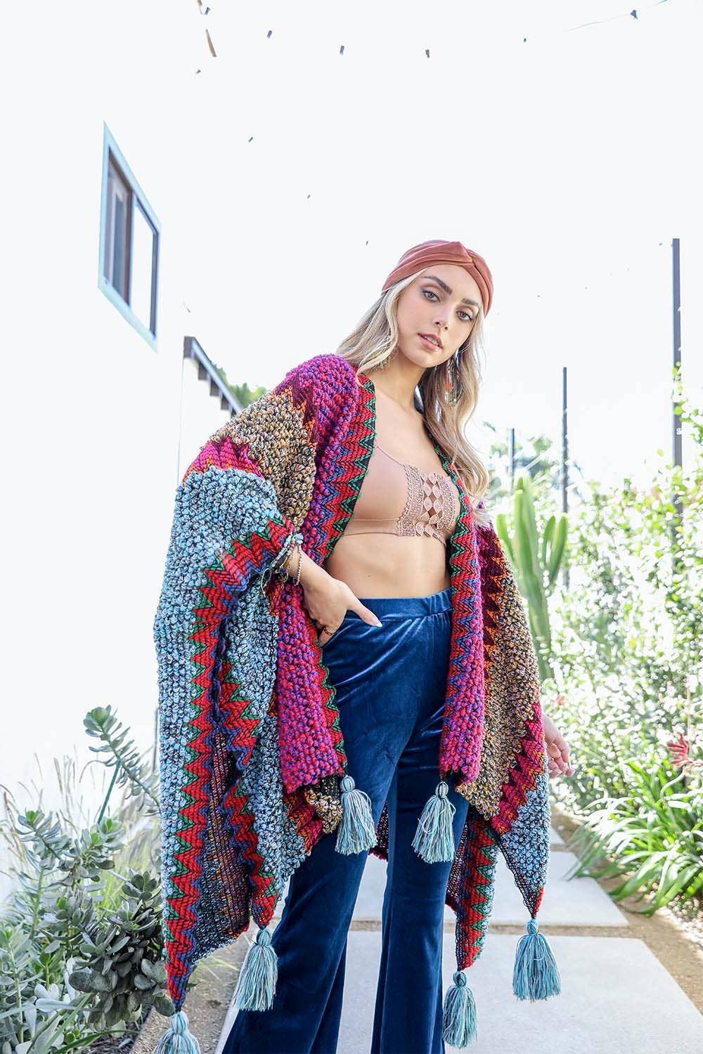 Unique Patterned Crochet Ruana – Colorful Tassel Cardigan ❤️