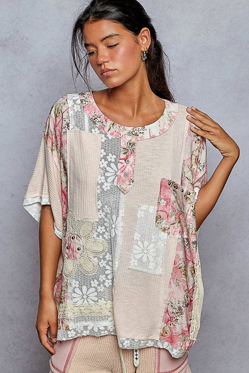 Round Neck Short Sleeve Floral Knit Rib Top SALE