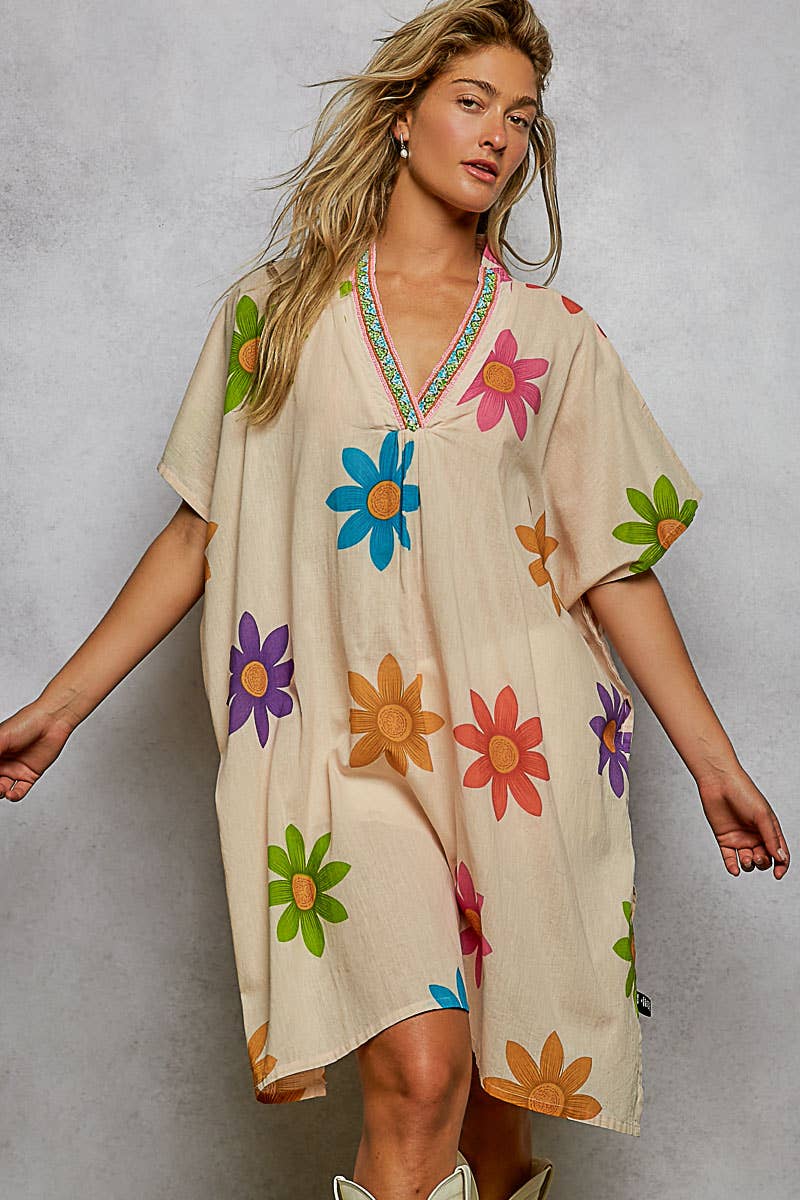 1/2 Sleeve V neck Beads Trim Floral Printed Woven Dress