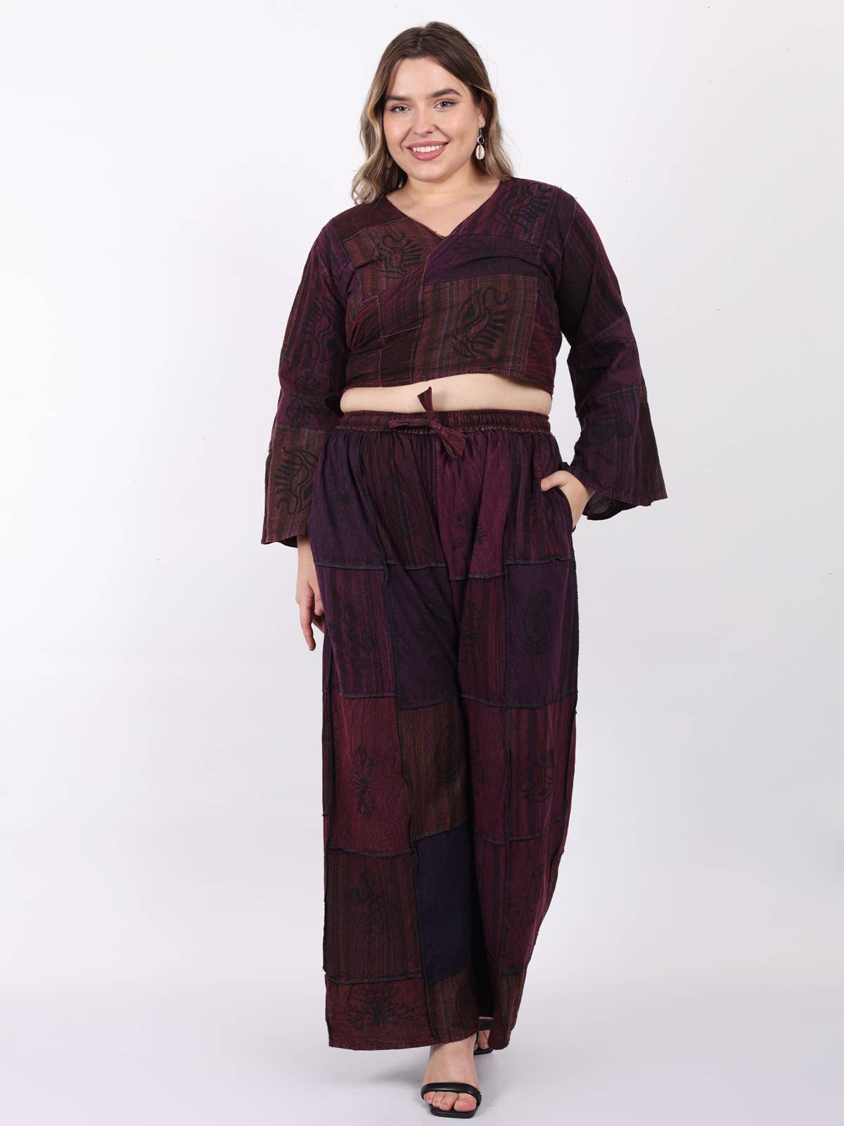 Women's Two Piece Deep V Neck Wrap Top & Wide Leg Pant Set