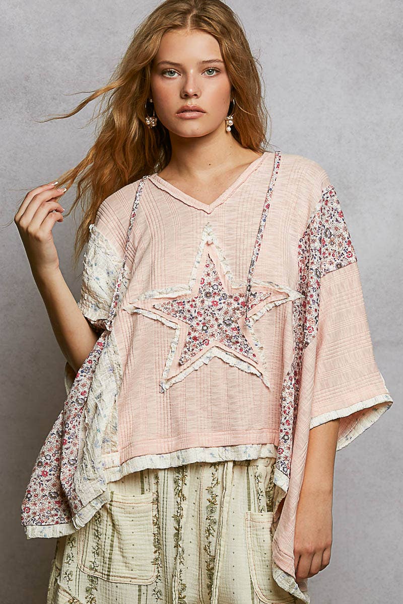 Long Sleeve Lace Contrast Floral Star Patch Knit Top SALE